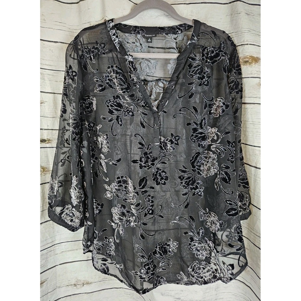 Torrid Black Velvet Burnout Top Blouse 2 (2X) Floral Whimsigoth Fairy Grunge